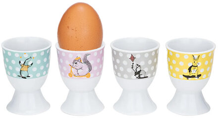 Eierdopjes - dieren - 4-delig - porselein - wit - D5 x H6.7 cm