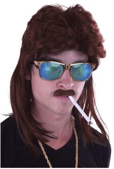 Eighties verkleed pruik met matje in de nek - bruin - heren - carnaval