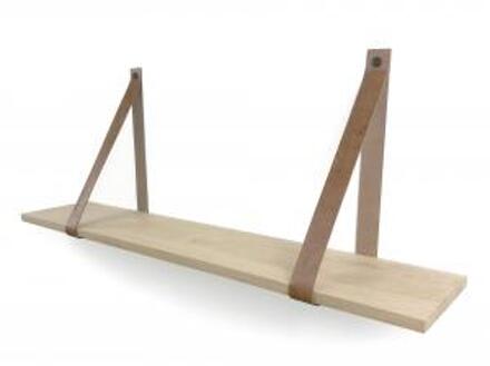 Eiken 18mm wandplank recht 120 x 20 cm inclusief leren riemen cognac