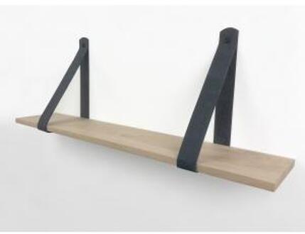 Eiken 18mm wandplank recht 120 x 30 cm inclusief leren riemen grijs
