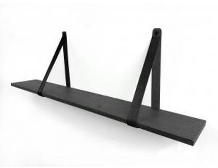 Eiken 18mm wandplank recht zwart 120 x 20 cm inclusief leren riemen zwart