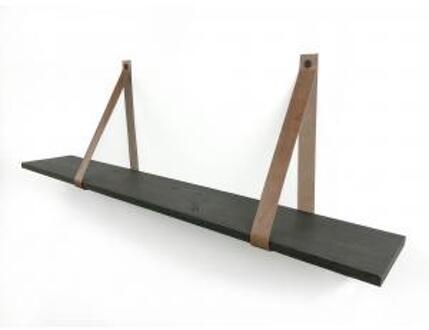 Eiken 18mm wandplank recht zwart 50 x 20 cm inclusief leren riemen cognac