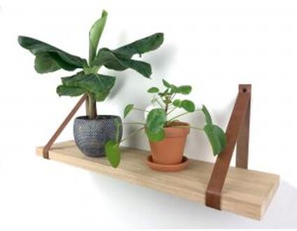Eiken wandplank massief recht 120 x 30 cm inclusief leren riemen bruin