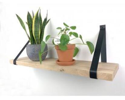 Eiken wandplank massief recht 120 x 30 cm inclusief leren riemen zwart
