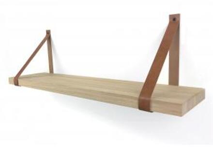 Eiken wandplank massief recht 60 x 25 cm inclusief leren riemen bruin
