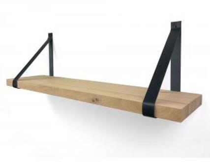 Eiken wandplank massief recht 60 x 25 cm inclusief leren riemen zwart