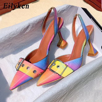 Eilyken 2020 New Buckle Strap Mules Summer Women Pumps Shoes Spike High Heels Pointed Toe Rainbow Dress Shoes size 41 42