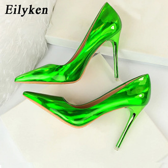 Eilyken 2020 New Women Sexy Fetish Green Red 10.5cm High Heels High Quality Patent Leather Pointed Toe Ladies Office Shoes