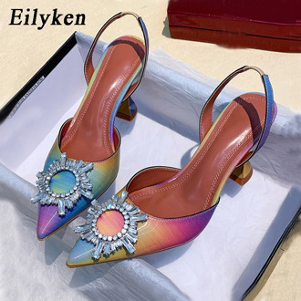Eilyken Crystal Sun Buckle Transparent PVC Pointed Toe Women Sandals Back Strap Clear Heels Ladies Pumps Shoes Woman Designers