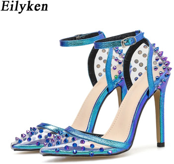 EilyKen Elegant Blue High Heels Women Pumps Pointed Toe Wedding Shoes Buckle Strap Party Rivet Pumps Shoes Women