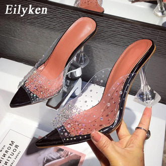Eilyken Fashion PVC Transparent Rhinestones Women Pumps Sexy Clear Perspex Crystal Spike Heel Slippers Shallow Peep Toe Sandals