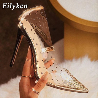 EilyKen Golden Rhinestone PVC transparent Women Pumps Shoes Spring Autumn High Heels PVC Sexy Party Wedding shoes size 41 42