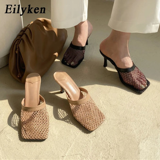 Eilyken New Hollow Breathable Mesh Woman Thin High Heels Slippers Summer Vintage Square Toe Sandals Mules Femme Shoes Pumps