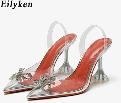 Eilyken PVC Transparent Butterfly-knot Women Pumps Crystal Pointy Toe Perspex Spike Heel Back Strap Sandals shoes