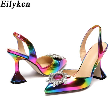 Eilyken Rainbow Color Women Sandals Pointed Toe Sun Style Rhinestone High Heels Weeding Shoes Spike Heel Slingback Pumps