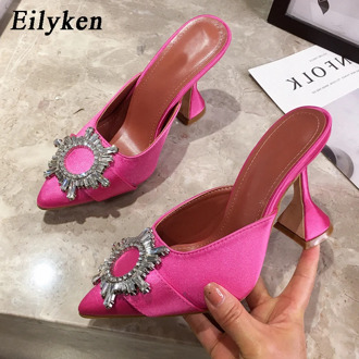 Eilyken Rose Red Women Pumps Silk Satin Pointed Toe Rhinestone Crystal High Heels Woman Wedding Pumps Slip On Cup Heeled Mules