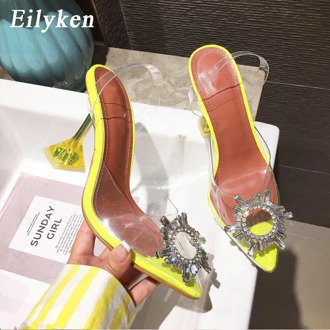 Eilyken Yellow PVC Transparent Women Pumps Crystal Pointy Toe High Heels Shoes Woman Perspex Spike Heel Back Strap Pumps Sandals