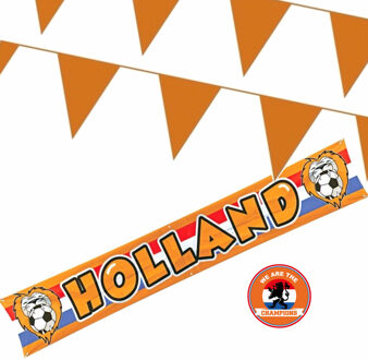EK oranje straat/ huis versiering pakket met oa 1x banner Holland en 100 meter oranje vlaggenlijnen