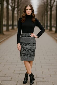 Elastische Gabardine-kokerrok tot onder de knie met luipaardprint Zwart