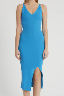 Elastische ribstof jurk t93513 Blauw - One size