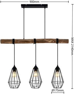 Eldarion hanglamp met houten balk, 3-lamps mat zwart, hout licht