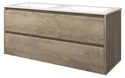 Elegant badkamermeubelset - 120x46x54cm - polystone Elegant wastafel - 2 kraangaten - symmetrisch - MFC Raw oak/Glans wit 1816251