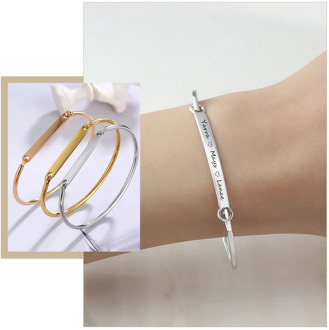 Elegant Personalized Name D Shape Bangle for Women 5mm Customize Stainless Steel ID Bar Cuff Bracelet Temperament Jewelry