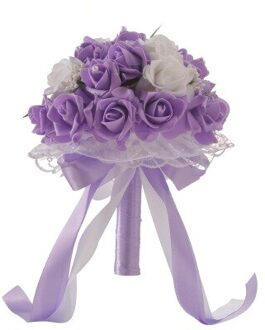 Elegante Bruid Handen Bedrijf Boeket Romantische Rose Bloem Parel Kristal Bruiloft Bruids/Bruidsmeisje Boeket Satijnen Bloem Paars