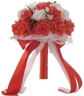 Elegante Bruid Handen Bedrijf Boeket Romantische Rose Bloem Parel Kristal Bruiloft Bruids/Bruidsmeisje Boeket Satijnen Bloem Rood
