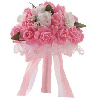 Elegante Bruid Handen Bedrijf Boeket Romantische Rose Bloem Parel Kristal Bruiloft Bruids/Bruidsmeisje Boeket Satijnen Bloem Roze