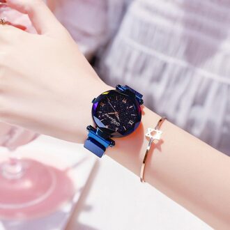 Elegante Mode Horloge Voor Vrouwen Magneet Quartz Vrouwen Horloge Gesp Sterrenhemel Romeinse Cijfer Lady Horloge blauw