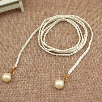 Elegante Parel Dunne Riemen Vrouwen Lange Lederen Hennep Touw Gevlochten Taille Riem Bohemen Meisjes Zomer Tailleband Voor Jurk wit