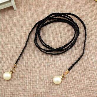 Elegante Parel Dunne Riemen Vrouwen Lange Lederen Hennep Touw Gevlochten Taille Riem Bohemen Meisjes Zomer Tailleband Voor Jurk zwart