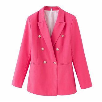 Elegante Vrouwen Chic Button Blazer Office Dames Pocket Jassen Casual Vrouwelijke Slim Notched Suits Solid Roze Meisjes Chic Sets