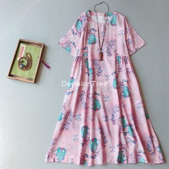 Elegante Vrouwen Chinese Qipao Jurk Korte Mouw Lange Cheongsam Lady Flower Gedrukt Katoen Linnen Jurk Party Dance Kostuum color1
