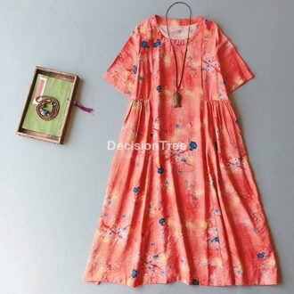 Elegante Vrouwen Chinese Qipao Jurk Korte Mouw Lange Cheongsam Lady Flower Gedrukt Katoen Linnen Jurk Party Dance Kostuum color3