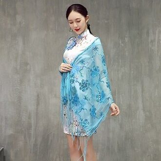 Elegante Vrouwen Sjaals en Wraps Avondjurken Cape Vintage Mesh Sjaal Wraps Sequin Kralen Blauw