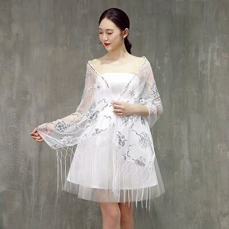 Elegante Vrouwen Sjaals en Wraps Avondjurken Cape Vintage Mesh Sjaal Wraps Sequin Kralen wit