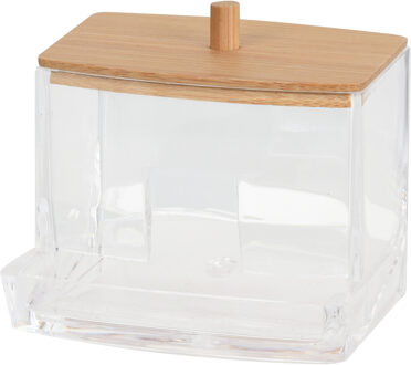 Eleganza Wattenstaafjeshouder - kunststof - bamboe - 7 x 8,5 x 7 cm - watten dispenser - Opbergbox Transparant