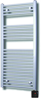 Elektrische Design Radiator Sanicare Plug & Play 111,8x60 cm Zilvergrijs 730 Watt Met Chroom Thermostaat En Bluetooth Links Sanicare