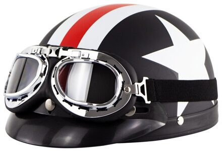 Elektrische Motorfiets Helm Half Gezicht Matte Black Vintage Half Helm Met Bril Ademend Retro Casco Moto Vespa Capacete zwart