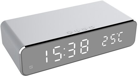 Elektronische Led Wekker Digitale Thermometer Klok Mobiele Telefoon Draadloze Oplader Multifunctionele Spiegel Alarm zilver