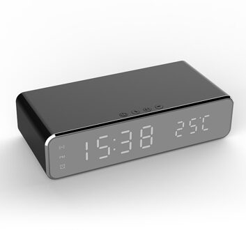 Elektronische Led Wekker Digitale Thermometer Klok Mobiele Telefoon Draadloze Oplader Multifunctionele Spiegel Alarm zwart