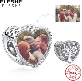 ELESHE 925 Sterling Silver Openwork Family Tree Heart Charm Bead Fit Original Bracelet Custom Photo Jewelry Making Mother Gift