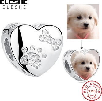 ELESHE 925 Sterling Silver Pet Paw Print Heart Custom Photo Charms Beads Fit Pandora Bracelet Necklace DIY Personalized Jewelry