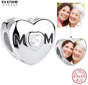 ELESHE Mother's Day Gift 925 Sterling Silver Mom Heart Custom Photo Charms Bead Fit Bracelet DIY Personalized Jewelry