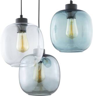 Elio hanglamp, glas, blauw/helder/grijs, Ø 52 cm, 3-lamps helder, blauw-transparant, grafietgrijs-transparant. zwart