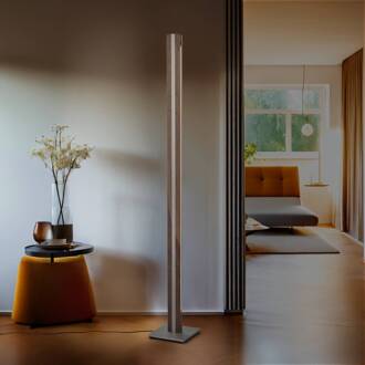 Elis LED vloerlamp, walnoot/nikkel donker hout, mat nikkel