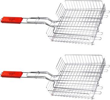 Elite BBQ/barbecue rooster - 2x - grill mand - metaal/hout - 32 x 57 x 5 cm