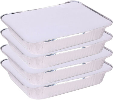 Elite Meal prep bewaar bakjes - Aluminium - 4x - 33 x 25 x 5 cm - met deksel - Vershoudbakjes Zilverkleurig